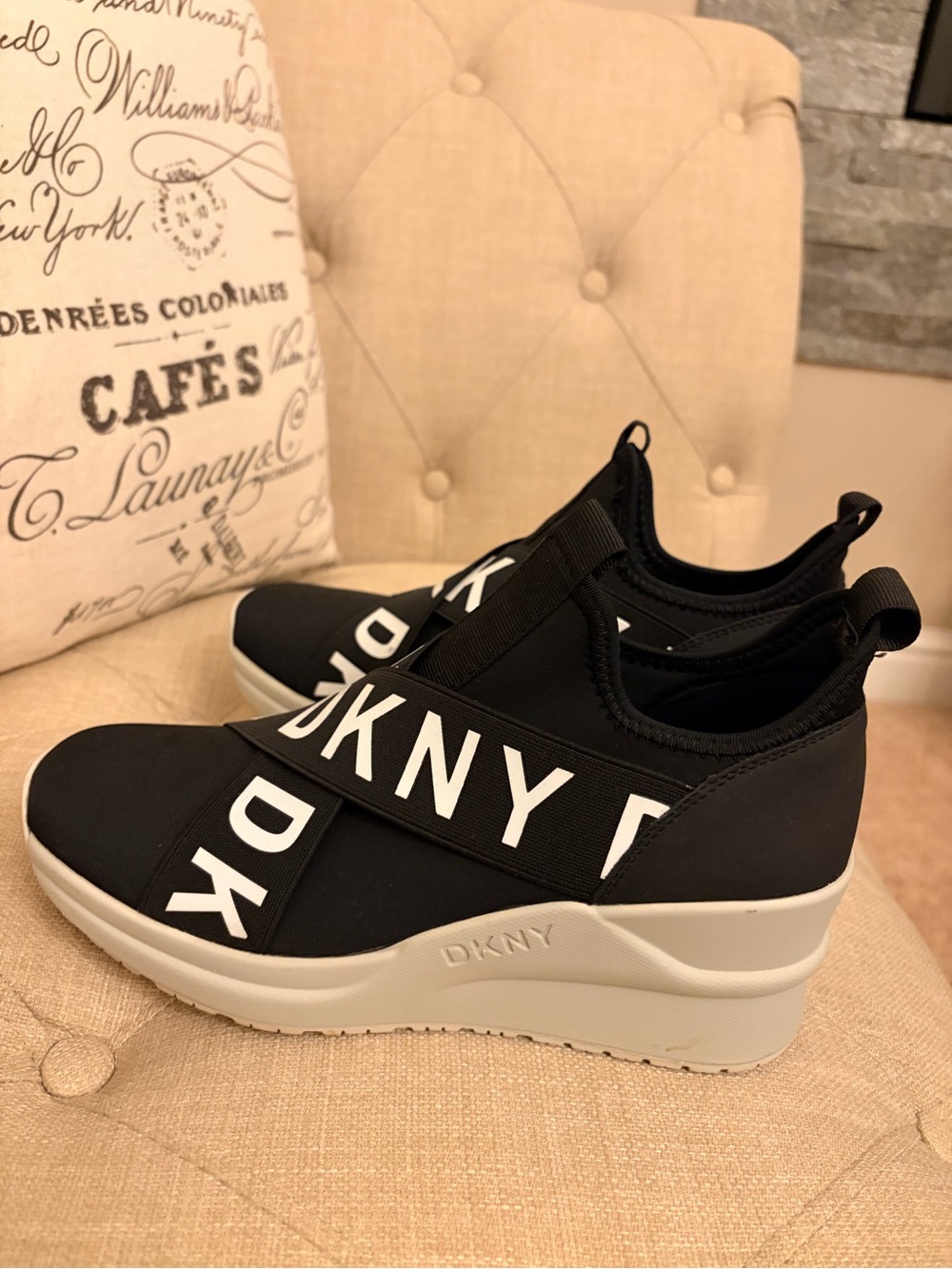DKNY Black and White Slip-On Wedge Sneakers